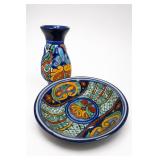 Talavera Hand-Painted Pottery Vase & Platter
