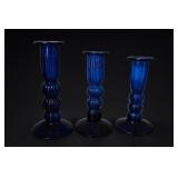 3 Hand Blown Cobalt Blue Bubble Candlesticks