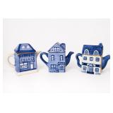 CKAO Blue And White House Teapot Set Of 3