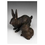 Japanese Bronze Rabbit Sculpture Pair