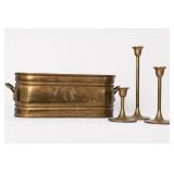 Vintage Brass Planter & Three Candlesticks