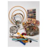Sewing Supplies Lot: Needle Book, Thread & Hoops