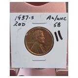 1937-S Lincoln Wheat Cent, AU/UNC