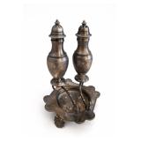 Pair Salt & Pepper Shakers With Ornate Tray