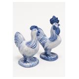 Portuguese Blue & White Rooster Figurines, Pair