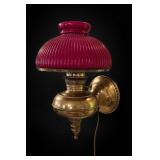 Brass Wall-Mounted Oil Lamp With Red Ribbed Shade