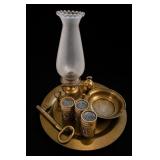 Brass Oil Lamp Set w/ Glass Chimney & Accessories
