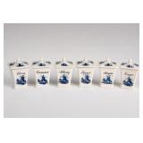 Six Blue & White Ceramic Windmill Spice Jars