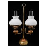 Brass Double Arm Student Lamp, Milk Glass Shades