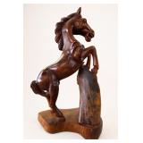 Hand-Carved Wood Rearing Horse Sculpture, 22 in