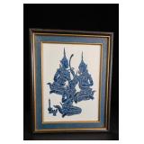 Framed Thai Temple Rubbing Blue Musicians Art