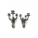 Pair Rococo-Style 3-Light Brass Wall Sconces