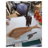Wooden Fish Tray, Carved Bird & Elephant