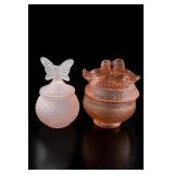 Pink Glass Butterfly & Lovebirds Covered Dish Pair