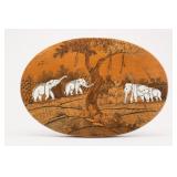 Oval Inlaid Wood Elephant Herd Wall Plaque