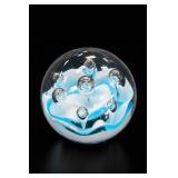 Blue White Bubble Art Glass Paperweight