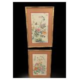 Pair Chinese Floral Bird Paintings, Framed