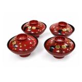 Japanese Red Lacquerware Lidded Bowl Set Of 4