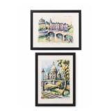 Signed Marine Giraud Paris Watercolor Print Pair
