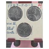 3-Coin 1943 Steel Lincoln Wheat Cent Set, P-D-S