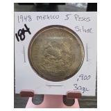 1948 Mexico CuauhtÃ©moc 5 Pesos Silver