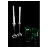 Faceted Crystal Candlesticks & Green Glass Holders