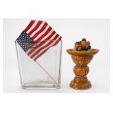 Patriotic Flag In Glass Vase & Wooden Bowl