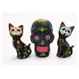Day Of The Dead Cat & Skull Figurine Set