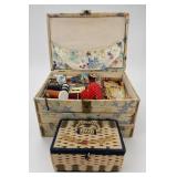 Floral Sewing Box & Wicker Basket With Supplies