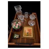 Nested Wooden Serving Tray With Glass & Decor