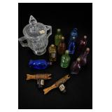 Assorted Glass Bottles, Pitcher & Wooden Fish