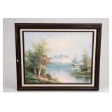 Signed Mountain Lake Oil Painting