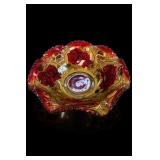 Goofus Glass Red & Gold Rose Bowl