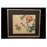 Asian Bird & Flowers Watercolor On Silk, Framed