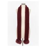 Burgundy Knit Scarf With Faux Fur Pom Poms