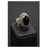 Sterling Silver Onyx & Marcasite Ring Size 8.5