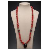 Red Coral Chip Bead Necklace With Black Pendant