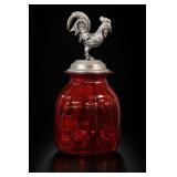 Cranberry Red Glass Canister With Rooster Lid