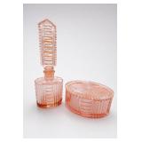 Art Deco Pink Glass Perfume Bottle & Vanity Box