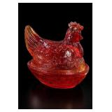 Amberina Glass Hen-On-Nest Covered Dish