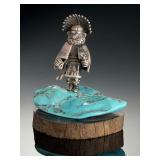 Carol Sues Hopi .999 Silver Talavai Kachina Sculpture on Turquoise Base 1997