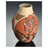 Marty & Elvira Naha Signed Hopi-Tewa Carved Pottery Vase White Bear Dance