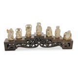 Antique Japanese Seven Lucky Gods Carved Bone Figures Shichifukujin Set Stand