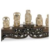 Antique Japanese Seven Lucky Gods Carved Bone Figures Shichifukujin Set Stand