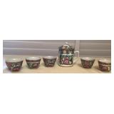 TTM035 Chinese Porcelain Rose Medallion Lidded Mug & Five Teacups 