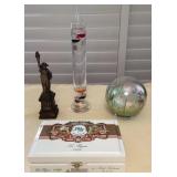 TTM105 Galileo Thermometer, Art Glass Golf Sphere, Cigar Box & Statue Of Liberty 
