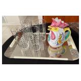 TTM310 - Vintage Italian Rooster Pitcher, Polka Dot Glasses, & Tray