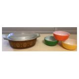 CCM104 Vintage Pyrex Regency Casserole Dish & Hazel Atlas Milk Glass Bowls