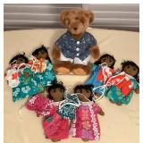 CCM121 Six Hawaiian Fabric Dolls & Reyn Spooner Teddy Bear