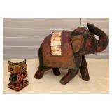 CCM136 Carved Wooden Elephant & Owl